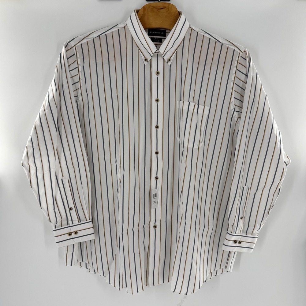 Paul Fredrick Mens Dress Shirt 19x37 Classic Fit Navy Gold Striped DHV370B NEW